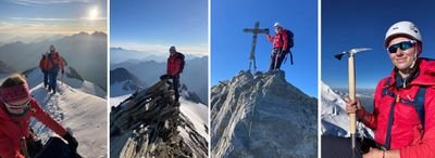 People in red jackets and helmets are climbing a snow-covered mountain with ice axes and ropes.