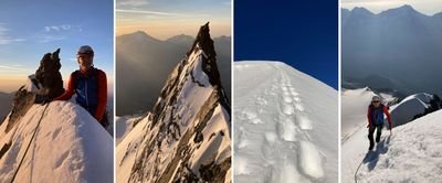 Mountaineer with helmet and climbing gear on a snowy mountain peak at sunset.