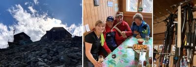 Berghütte auf Felsen, vier Personen am Tisch in Hütte, Wanderstöcke an der Wand.