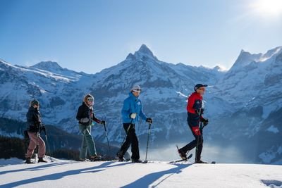 Four people with skis and poles are walking in snowy mountains, wearing winter clothing and helmets.