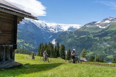 Three people are riding mountain bikes with helmets on a grassy slope in the Alps.