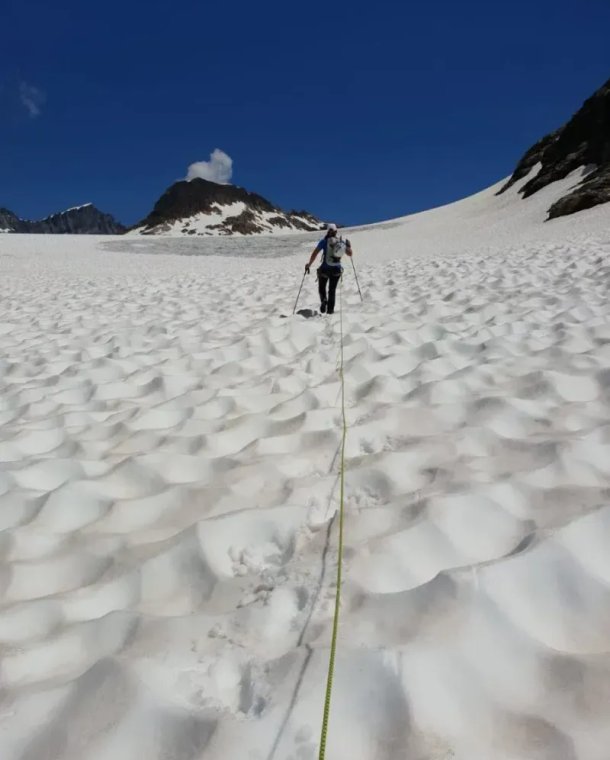 Glacier hikers on a glacier.