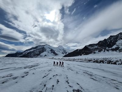 Vier Personen wandern auf dem Aletschgletscher.