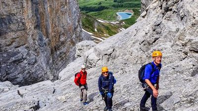 People on the via ferrata Rotstock at Eiger