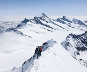 Zwei Bergsteiger auf dem Gipfelgrat des Mönch