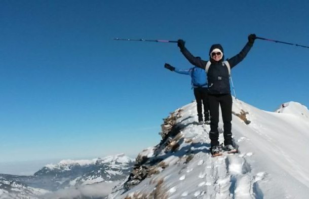 Snowshoe hikers on the summit of Galmschibe.