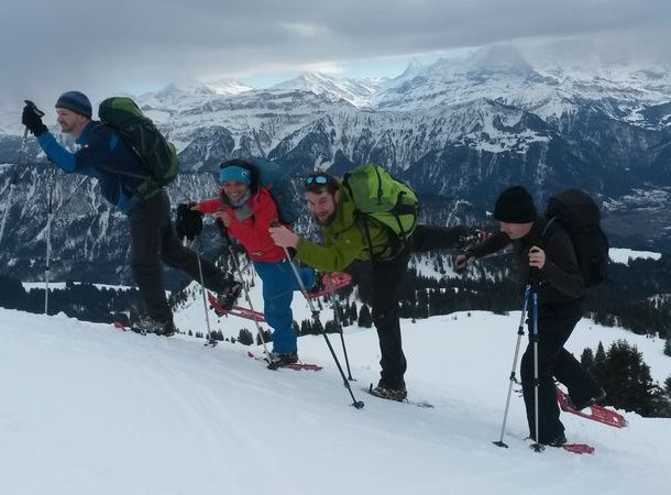 Snowshoe hikers ascending to Gemmenalphorn.