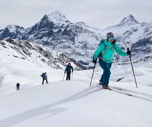 Skitourengänger im Aufstieg mit Wetterhorn und Schreckhorn im Hintergrund