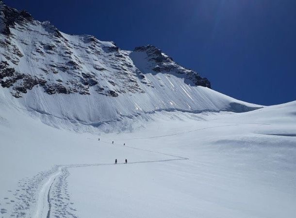 Ski tourers ascending to the Rimpfischhorn.