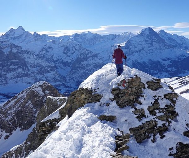 Ski tourers on the ridge of the Schwarzhorn.