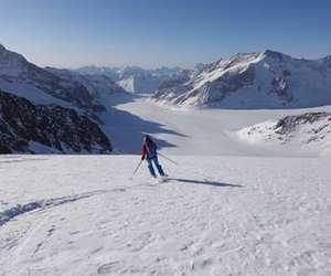 Ski tourers descending from Trugberg.