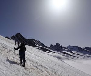 Ski tourers ascending to the Walcherhorn.