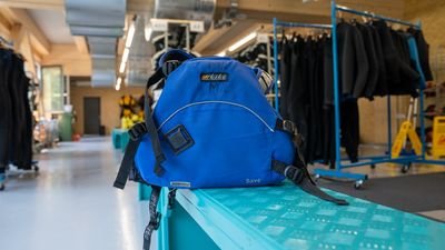 Blauer Klettergurt mit Gurten und Schnallen liegt auf einer blauen Ablage in einem Raum mit Kletterausrüstung.