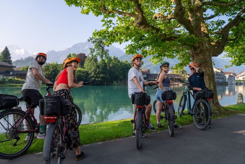 Five people on bicycles with helmets near a lake and mountains, under a large tree.