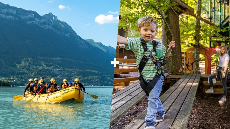 Personen mit Helmen beim Rafting auf einem See; Kind mit Klettergurt im Wald auf einem Parcours.