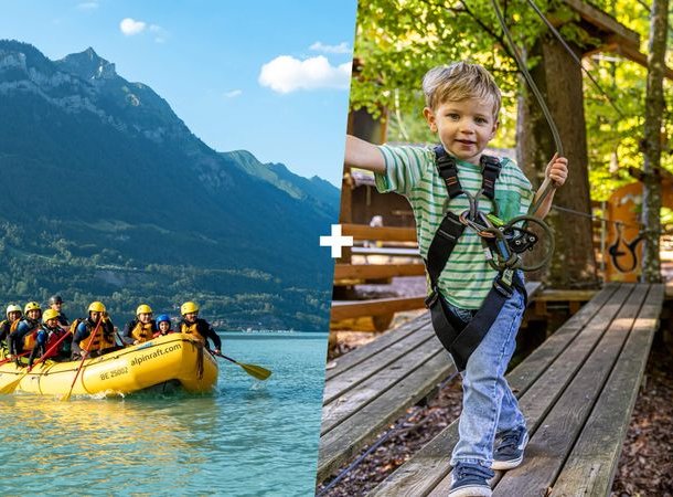 People with helmets rafting on a lake; child with a climbing harness in the forest on a course.