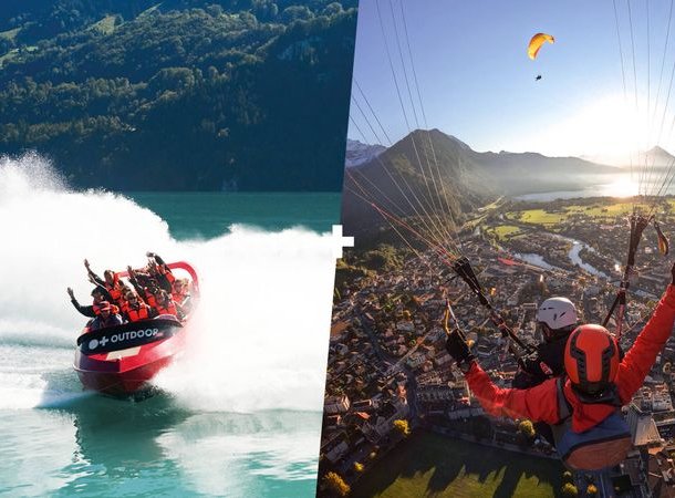 People on a speedboat on a lake and a paraglider above a city in the mountains.