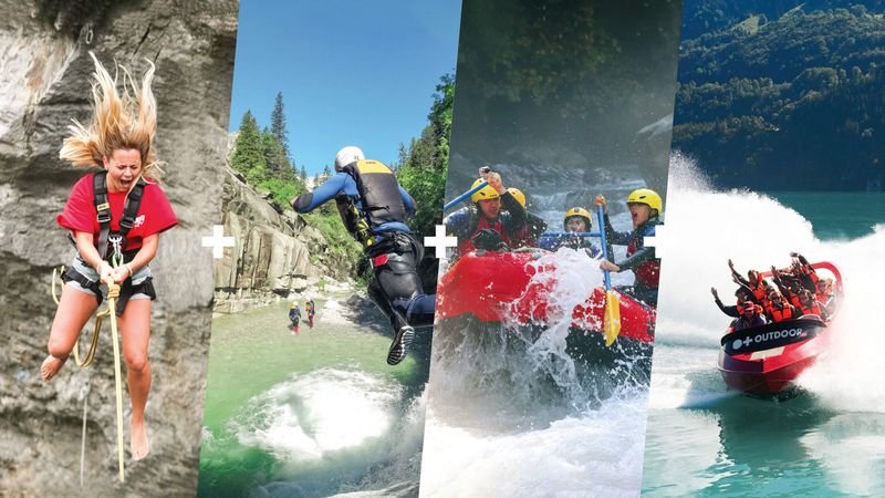 Personen beim Abseilen, Canyoning, Rafting und Jetbootfahren mit Helmen und Schwimmwesten in Bergen.