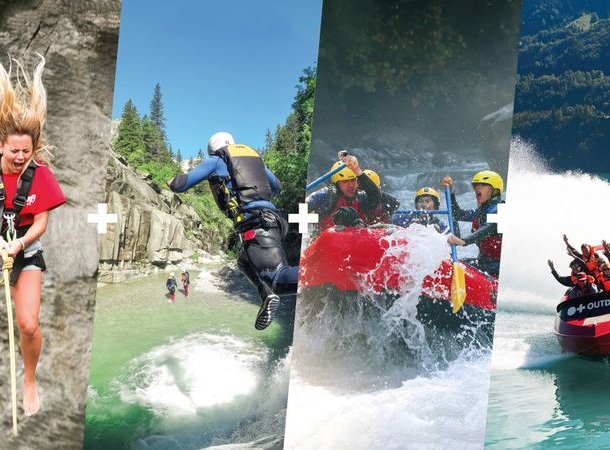 People abseiling, canyoning, rafting, and jet boating with helmets and life jackets in the mountains.