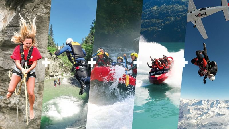 Personen beim Abseilen, Canyoning, Rafting, Jetbootfahren und Fallschirmspringen in Berglandschaft.