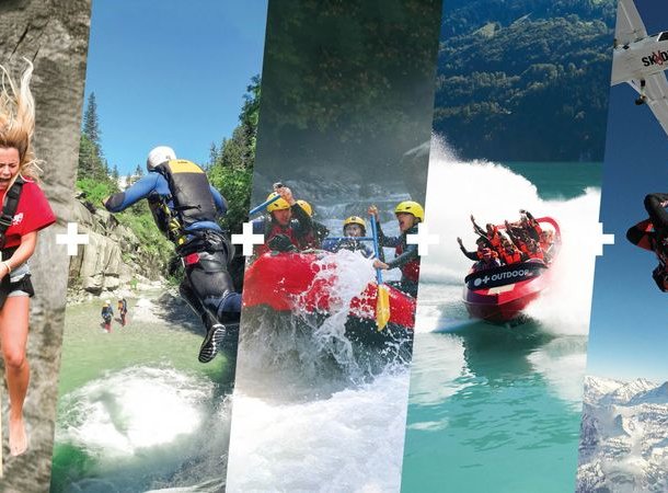 Personen beim Abseilen, Canyoning, Rafting, Jetbootfahren und Fallschirmspringen in Berglandschaft.