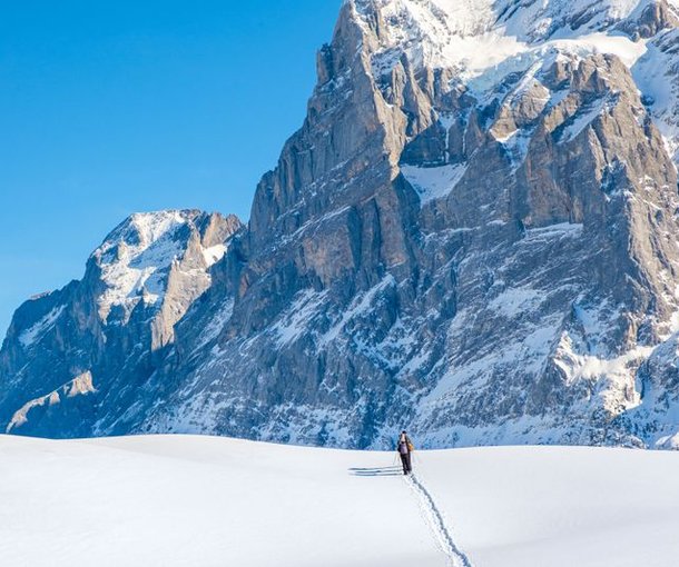 Person, der mit Stöcken auf schneebedecktem Gelände Ski fährt, mit einem Rucksack, vor großen Berggipfeln.