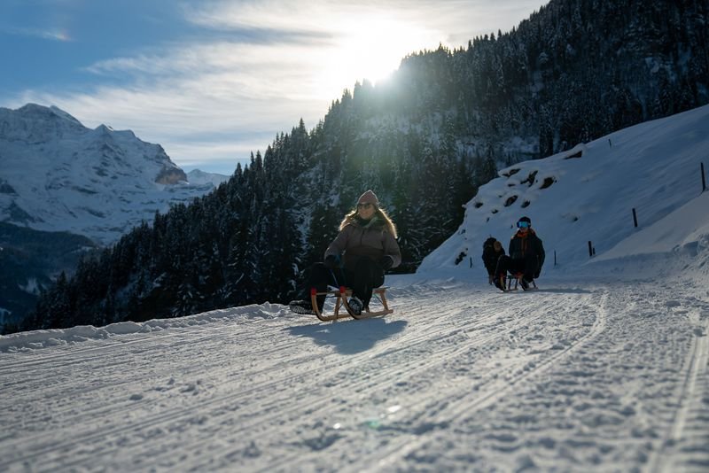 People sledding on a snowy mountain path, wearing winter clothing and sunglasses, with trees and peaks.