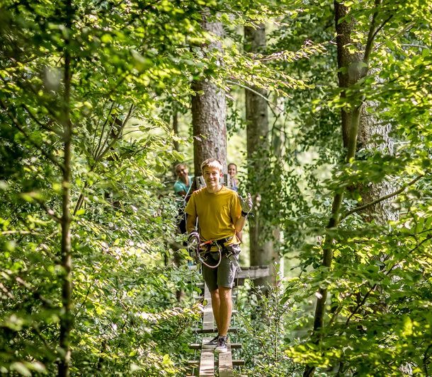 Person geht auf einer schmalen Holzbrücke im Seilpark Interlaken durch die grünen Baumkronen
