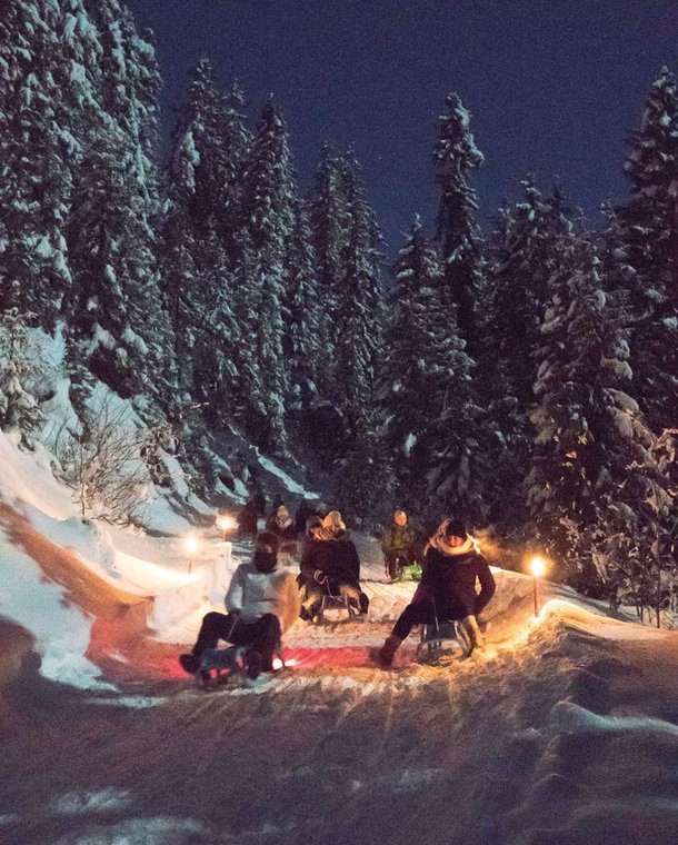 People are sledding at night on a snowy forest path, surrounded by torches and fir trees.