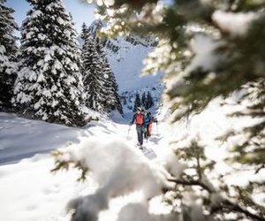 Two people snowshoeing in a snowy mountain forest, wearing helmets and carrying poles.